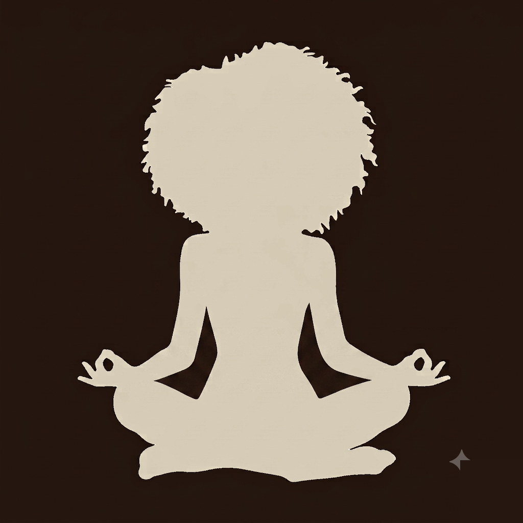 Bott Om herself: seen from behind with her full afro, seated in lotus, hands in mudra