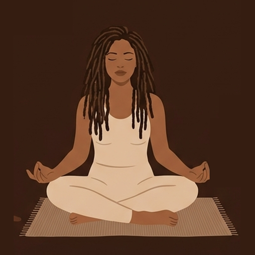 A woman with long locs seated cross-legged in meditation