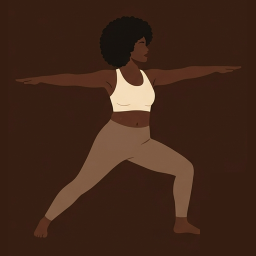 A Black woman with a full afro holding warrior two pose